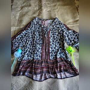 Democracy Floral Lace-Up Blouse - Blue and White